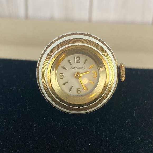 Vintage White Enamel over Gold Tone Caravelle 7 Jewel Orb or Pendant Watch - Picture 3 of 7